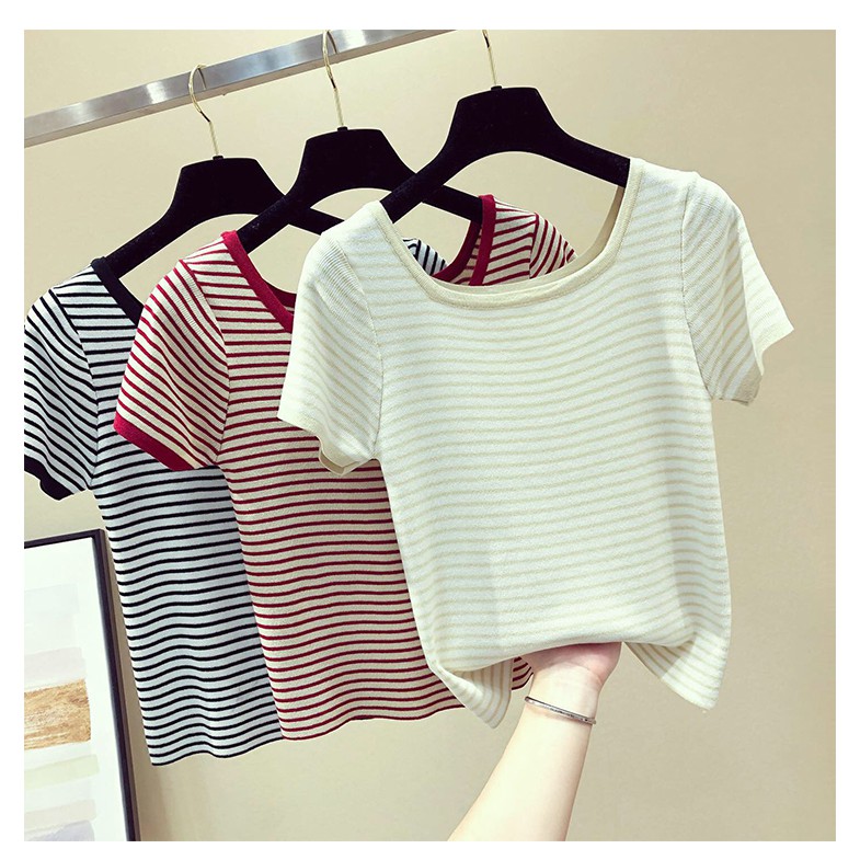 SUXI Áo Thun Dệt Kim Tay Ngắn Cổ Tròn Kẻ Sọc Trẻ Trung Hợp Thời Trang