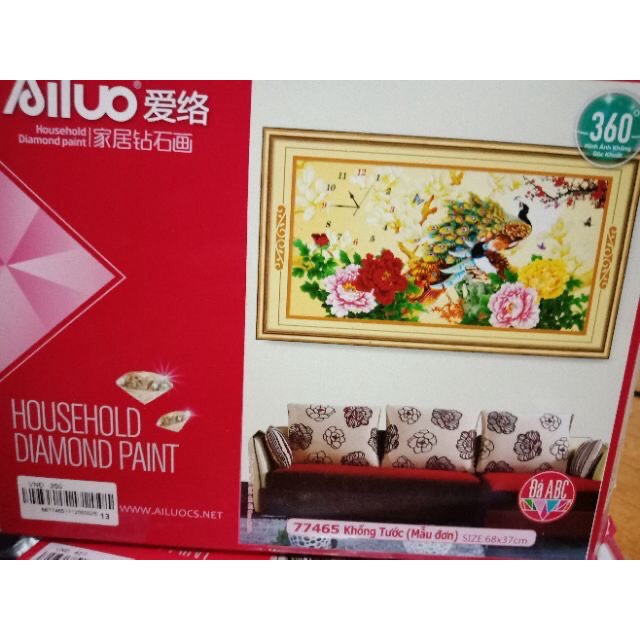 Tranh đính đá Khổng Tước và Hoa Mẫu Đơn 77465 kt 68x37cm