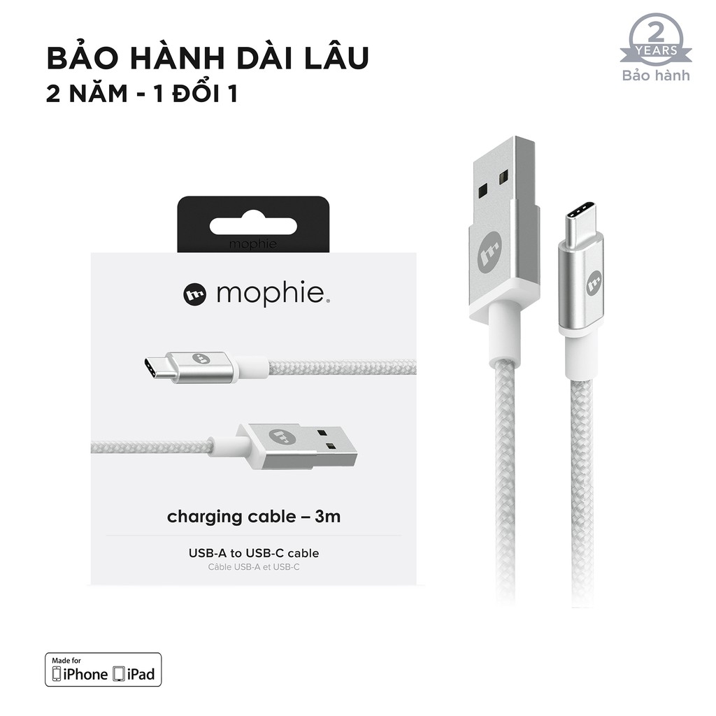 Cáp USB A to USB-C Mophie 3m - bện nylon chống rối