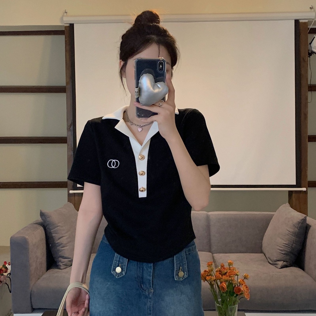 Áo thun ZHELIHANGFEI dệt kim cổ polo tay ngắn phong cách xinh xắn trẻ trung