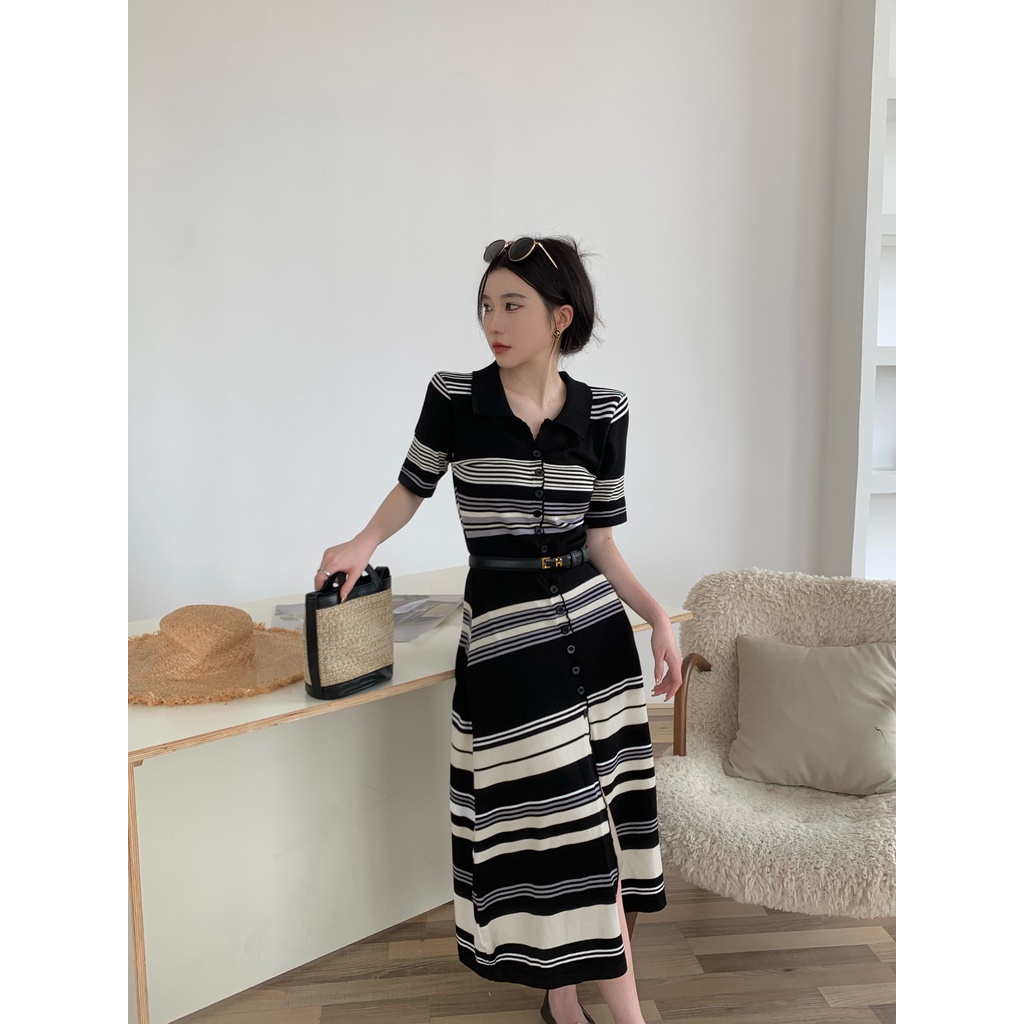 Đầm Dệt Kim Dáng Dài Cổ polo Họa Tiết Kẻ Sọc Phong Cách Pháp Cao Cấp