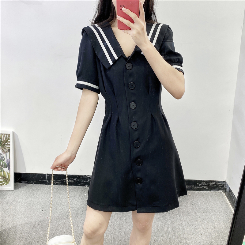 "New" Korean Version of Color Matching Navy Collar Single-breasted Dress Academic Temperament Waist Slim A- Line Skirt | BigBuy360 - bigbuy360.vn