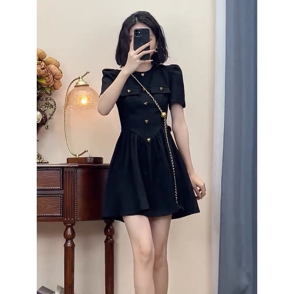 (Có BigSize) Đầm Váy Nhún Eo 2 Nắp Túi Kết Nút Ngọc