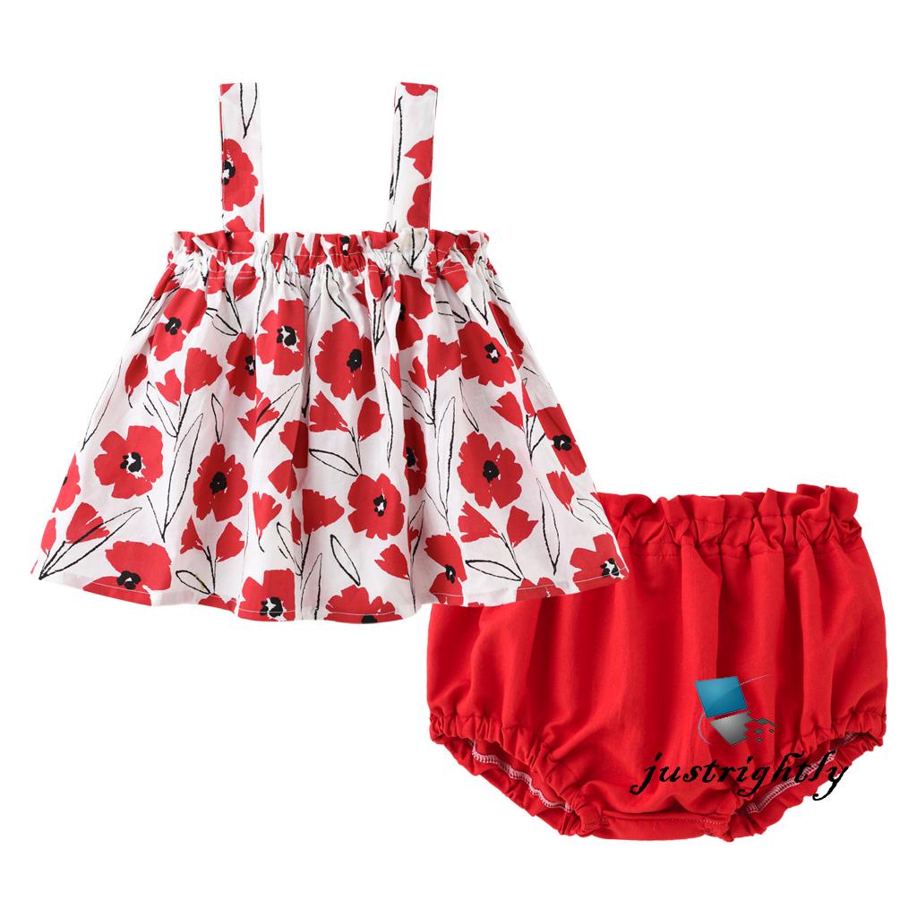 Set đồ mùa hè 2 món gồm áo tank top in hình hoa/trái cây co giãn + quần ngắn màu trơn cho bé gái