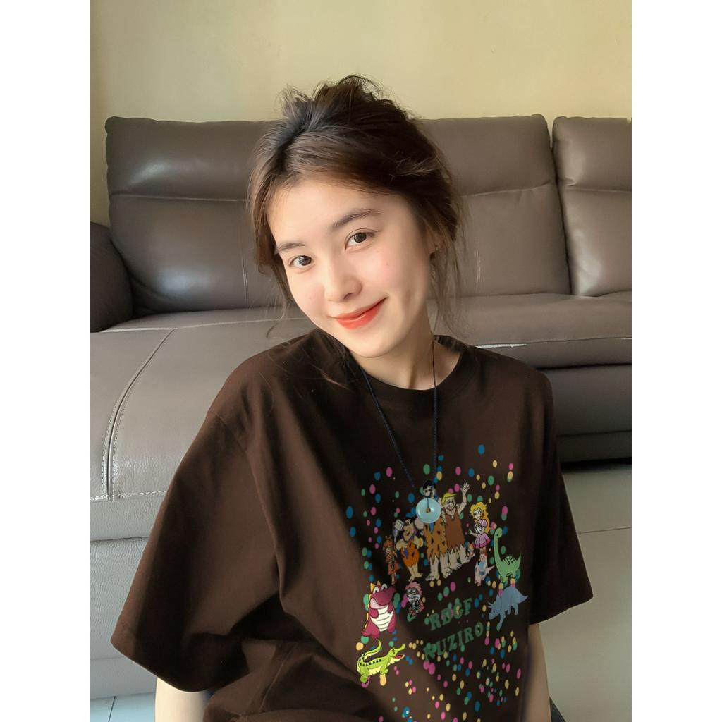 SELVZE Áo Thun Cotton Tay Ngắn Dáng Rộng Thoáng Khí In Họa Tiết Vintage Đường Phố