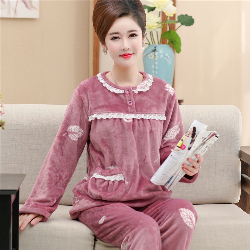 Bộ đồ ngủ bằng vải lanh phụ nữ mùa đông dày phù hợp với bà mẹ trung niên và cao tuổi Dịch vụ tại nhà