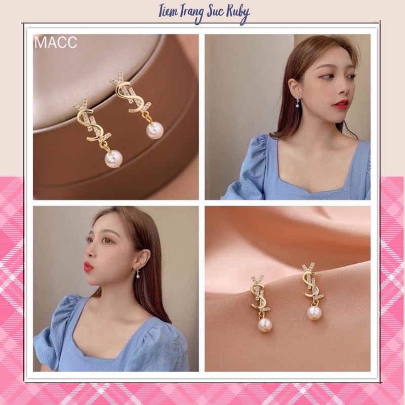 Khuyên tai chữ thương hiệu đính ngọc trai nhân tạo thời trang Hàn Quốc