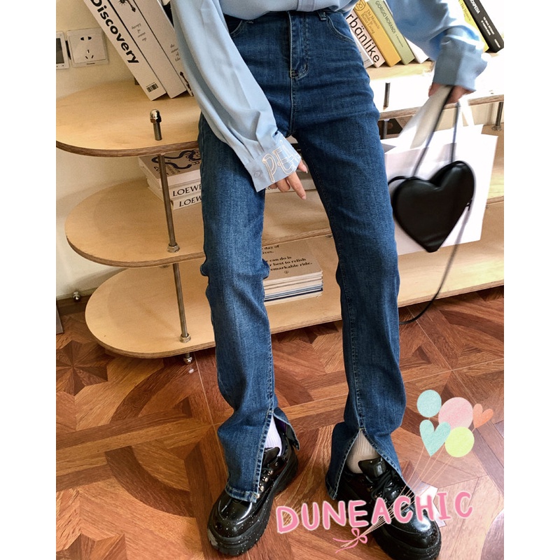 DUNEA Quần jean dài lưng cao dáng rộng co giãn tốt thiết kế quyến rũ cho nữ