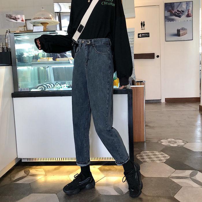 Quần Jeans Dài Lưng Cao Dáng Rộng Thời Trang Mùa Đông Hàn Quốc Cho Nữ