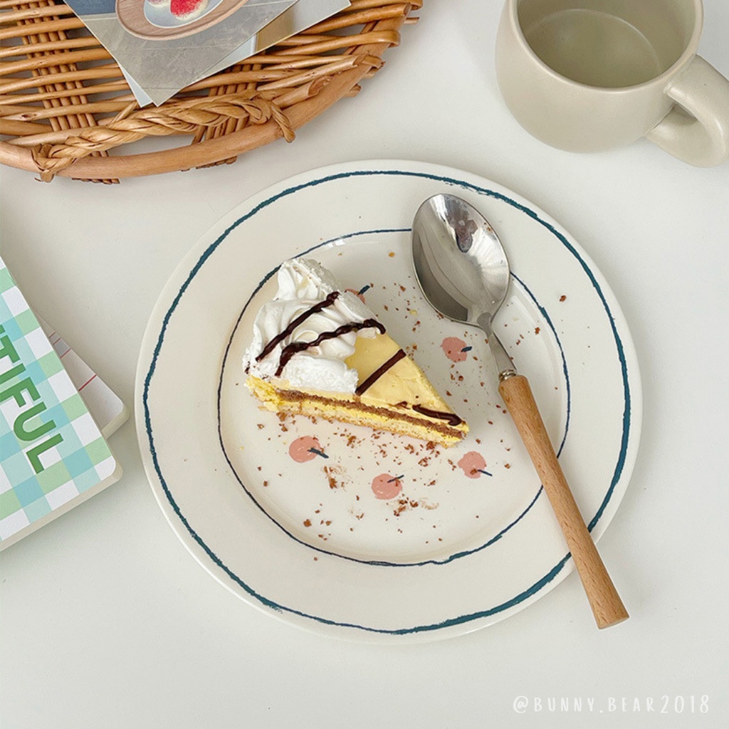 Đĩa sứ viền xanh cherry hồng cao cấp xinh xắn