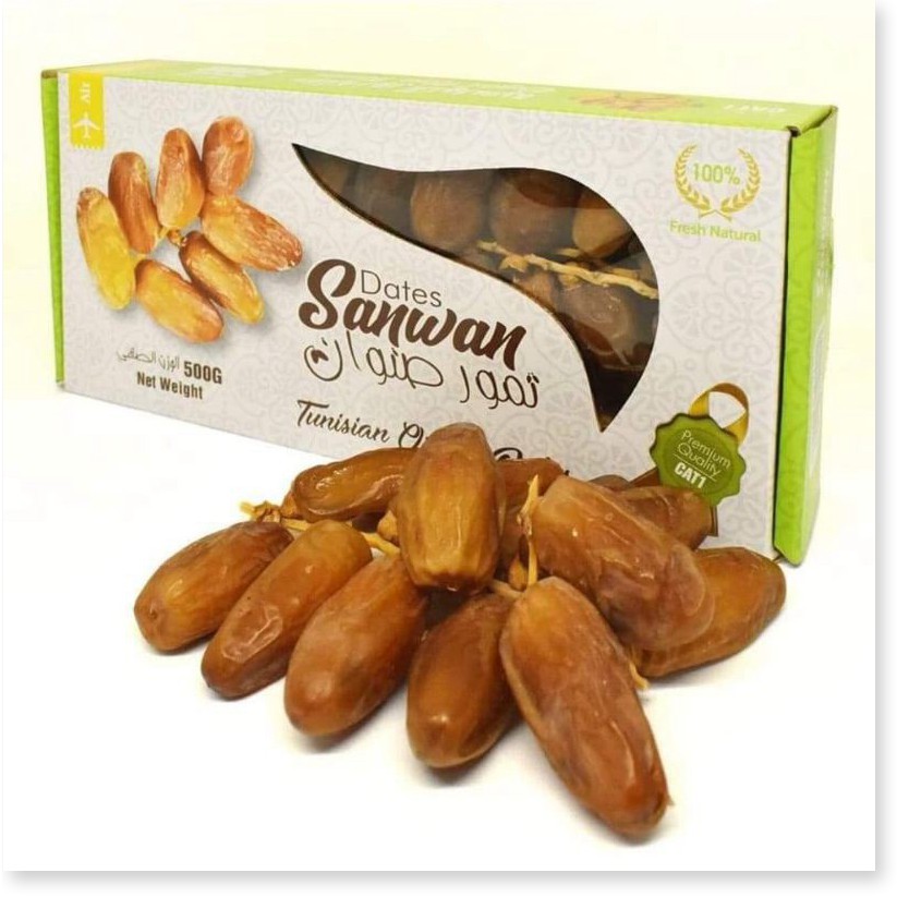 Thùng 10 hộp Chà Là Nguyên Cành Sấy Dẻo Dates Sanwan Tunisia 500gr