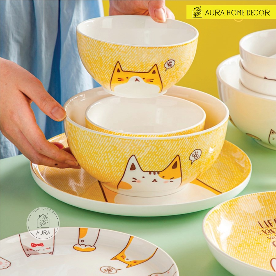 Bộ bát cơm, bát tô, đĩa hình mèo trắng vàng dễ thương - Chất liệu gốm sứ men bóng cao cấp