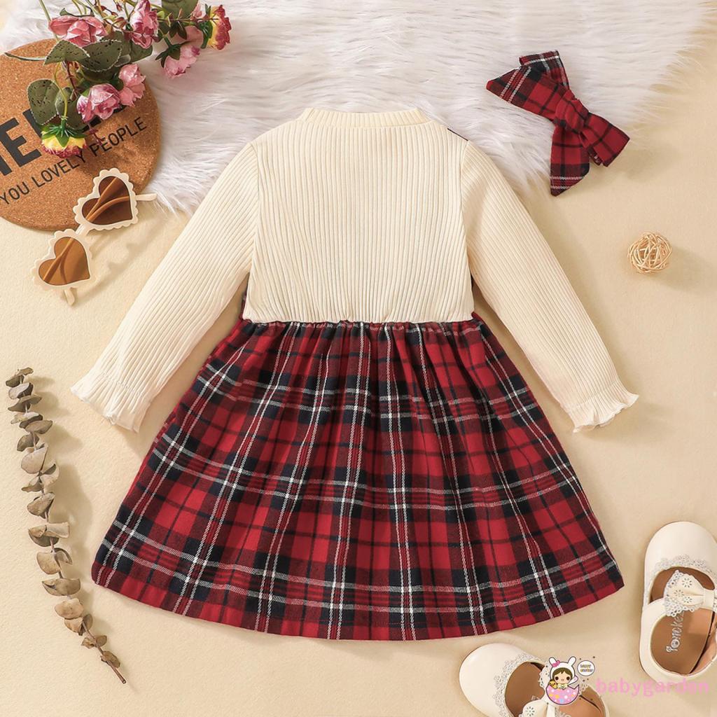 Đầm Tay Dài Giả Hai Lớp Cổ Tròn In Họa Tiết Caro + Băng Đô Nơ Phong Cách Giáng Sinh Cho Bé Gái