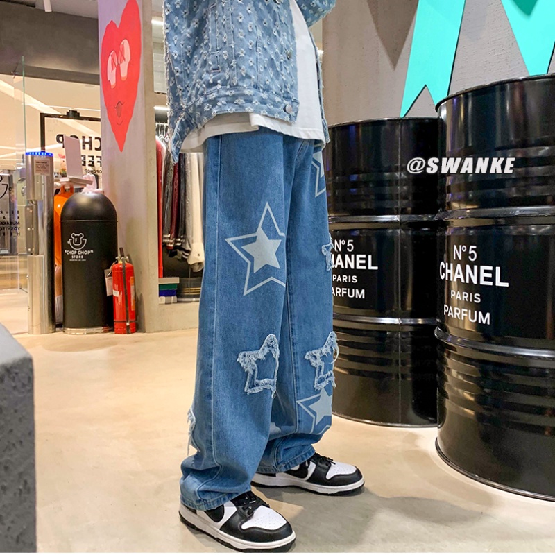 Quần Jeans Dài Ống Rộng Họa Tiết Ngôi Sao Thời Trang Cho Nam Size S-3XL