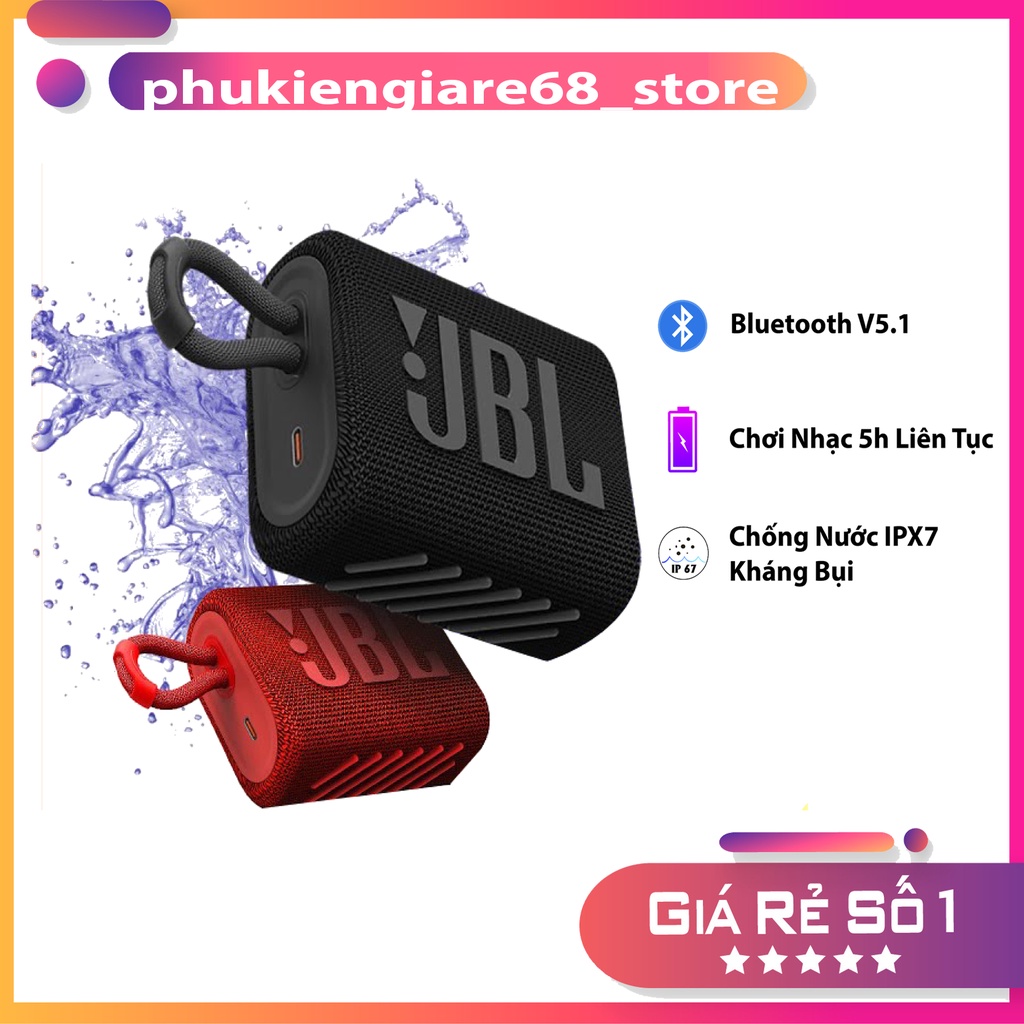 Loa Bluetooth JBL Go3, Loa Nghe Nhạc Công Suất Lớn 4.2 W, Loa Bluetooth Bass Mạnh, Kháng Nước và Bụi IP67, Công Nghệ JBL