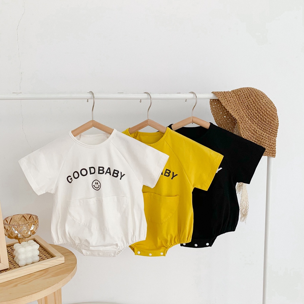 Áo liền quần tay ngắn mỏng in họa tiết chữ cái và mặt cười thời trang mùa hè dành cho trẻ sơ sinh