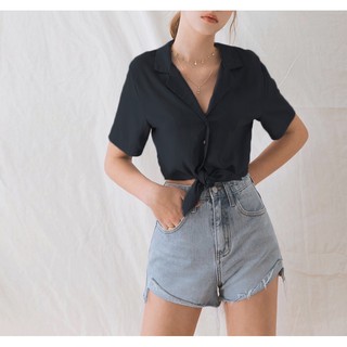 Thời trang nữ, áo sơ mi croptop màu đen thắt nơ freesize