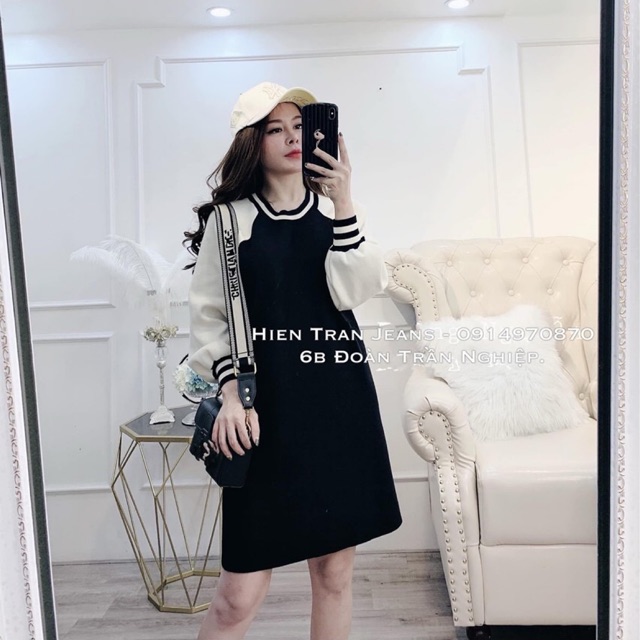 Váy suông nữ dài tay phối tay be bo viền chất umi | BigBuy360 - bigbuy360.vn