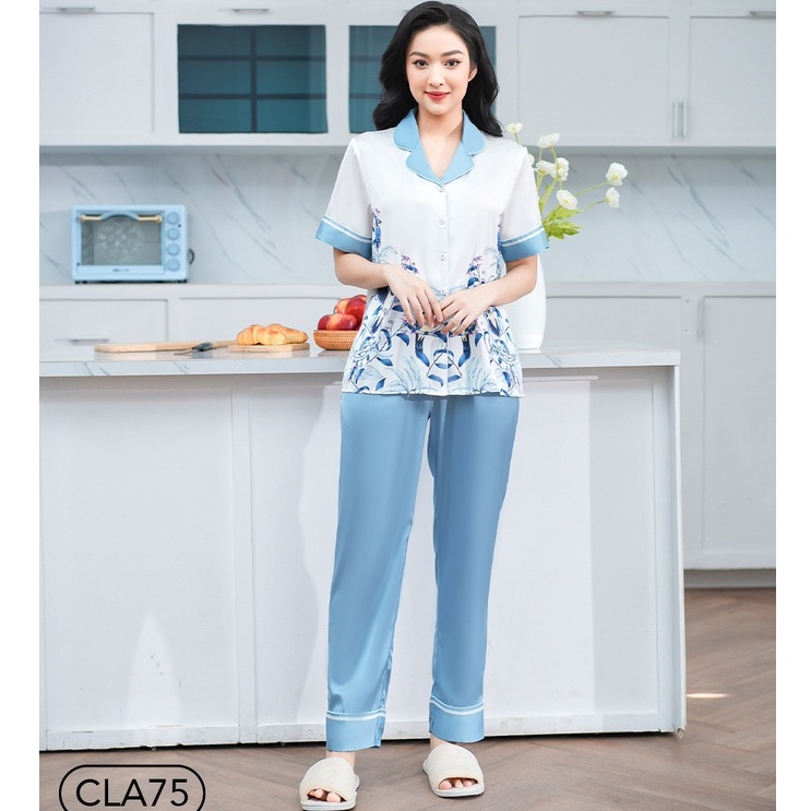 Bộ ngủ satin ZAM Luxury - CLA75 - áo ngắn tay quần dài hoạ tiết