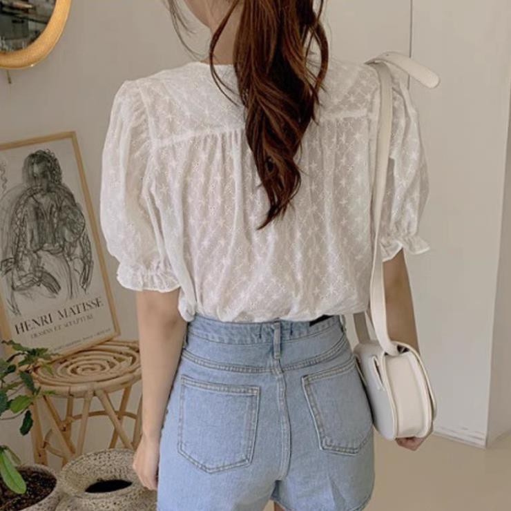 Áo kiểu nữ đẹp A.212, áo kiểu nữ cộc tay cổ V họa tiết ren hoa nhẹ nhàng | BigBuy360 - bigbuy360.vn
