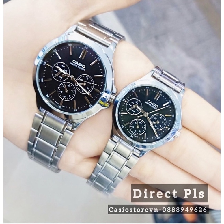 Đồng hồ Đôi Nam nữ Casio V300D, đồng hồ chính hãng, dây thép màu bạc mặt 6 kim
