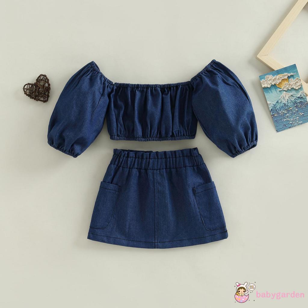 Bộ Áo Croptop Trễ Vai Tay Phồng Dài + Chân váy jean Ngắn Thời Trang Mùa Hè Cho Bé Gái 1-6 Tuổi