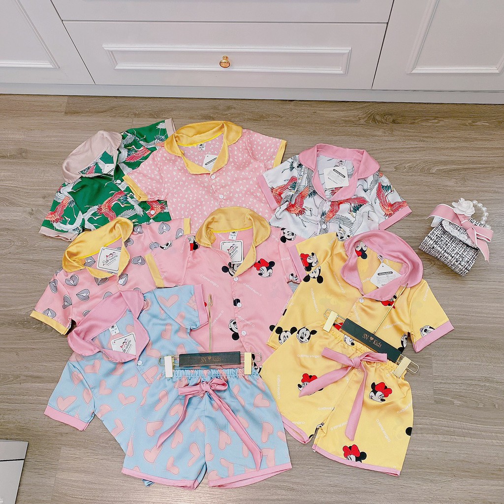 [8kg-22kg] Bộ Mặc Nhà Pijama Lụa Phối Nơ Cao Cấp Ngắn Tay Cho Bé Gái . Chất Liệu Lụa Mềm Mịn Thoáng Mát