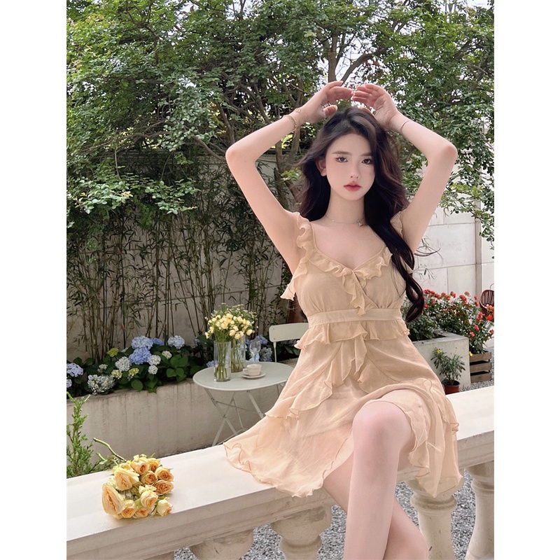 Đầm Chiffon Hai Dây Dây Chéo Viền Ren Thời Trang Hàn Quốc Thiết Kế Mới Mùa Hè Cho Nữ