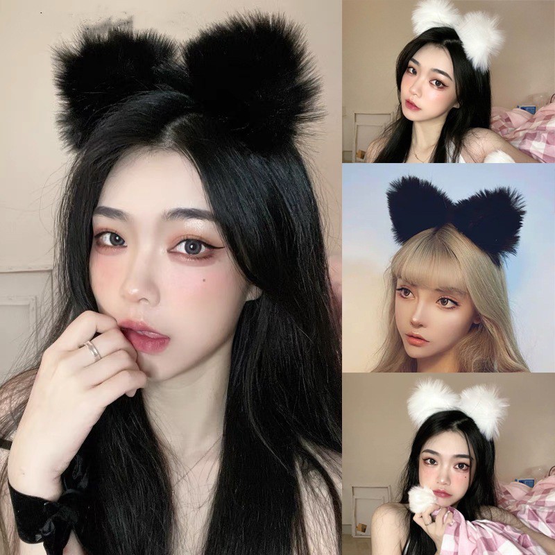 Bờm tóc băng đô tai chồn lông mềm mại dễ thương cute cosplay màu đen trắng