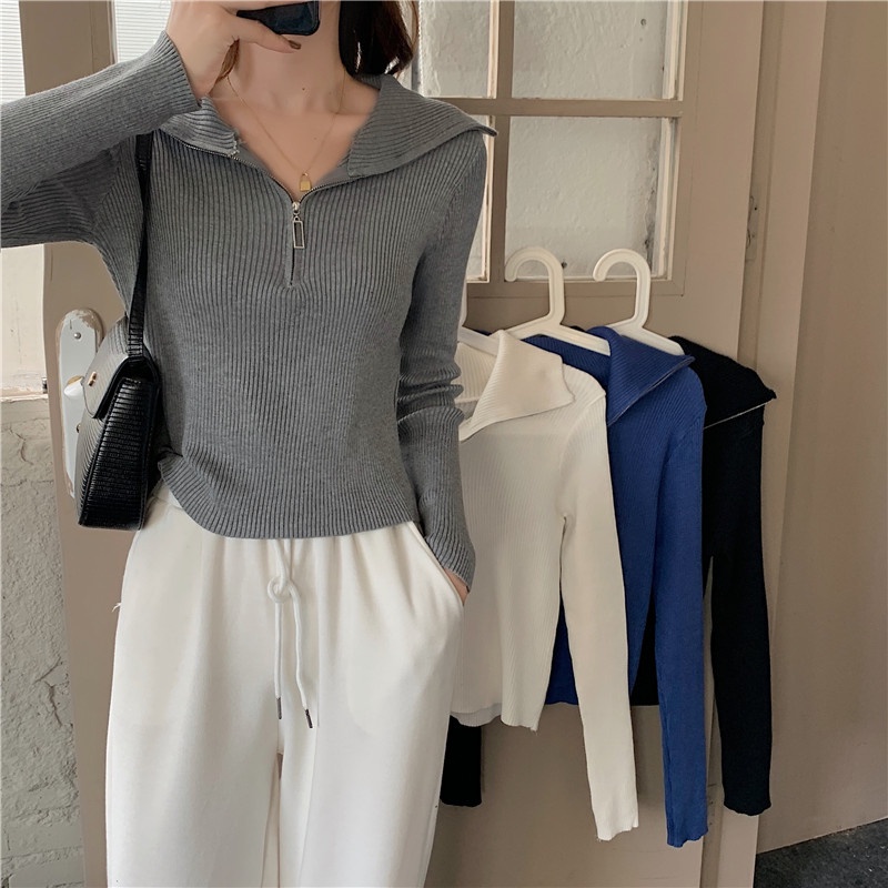 Áo sweater tay dài có dây kéo nửa thời trang mùa thu