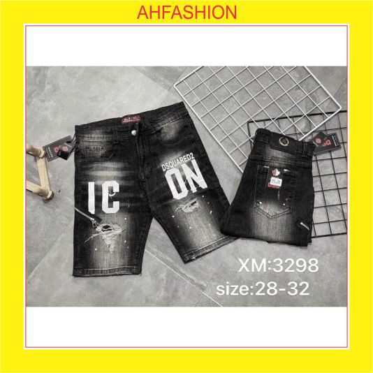 Quần short jean nam DSQ đen rách co dãn phối ICON chất bò form ôm dáng body cao cấp AHFASHION