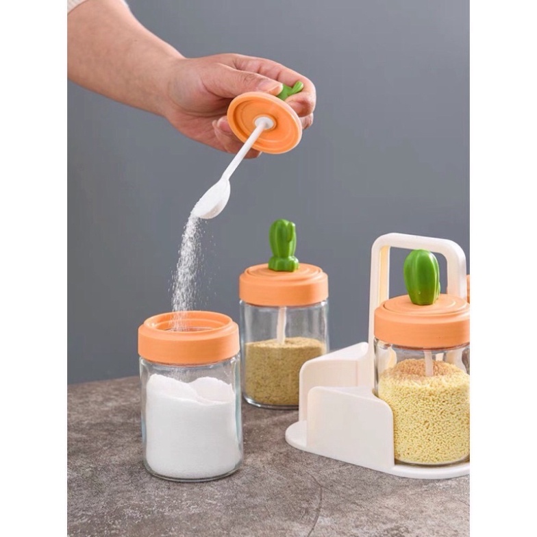 Hũ đựng gia vị thủy tinh xương rồng cao cấp,kèm khay để tiện lợi gọn gàng không gian bếp,kèm muỗng thìa đẹp