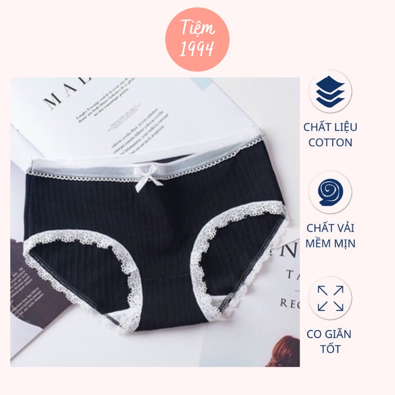 Quần lót nữ cotton tăm gân đính nơ viền ren xinh xắn, freesize 45 - 58kg - T803C145