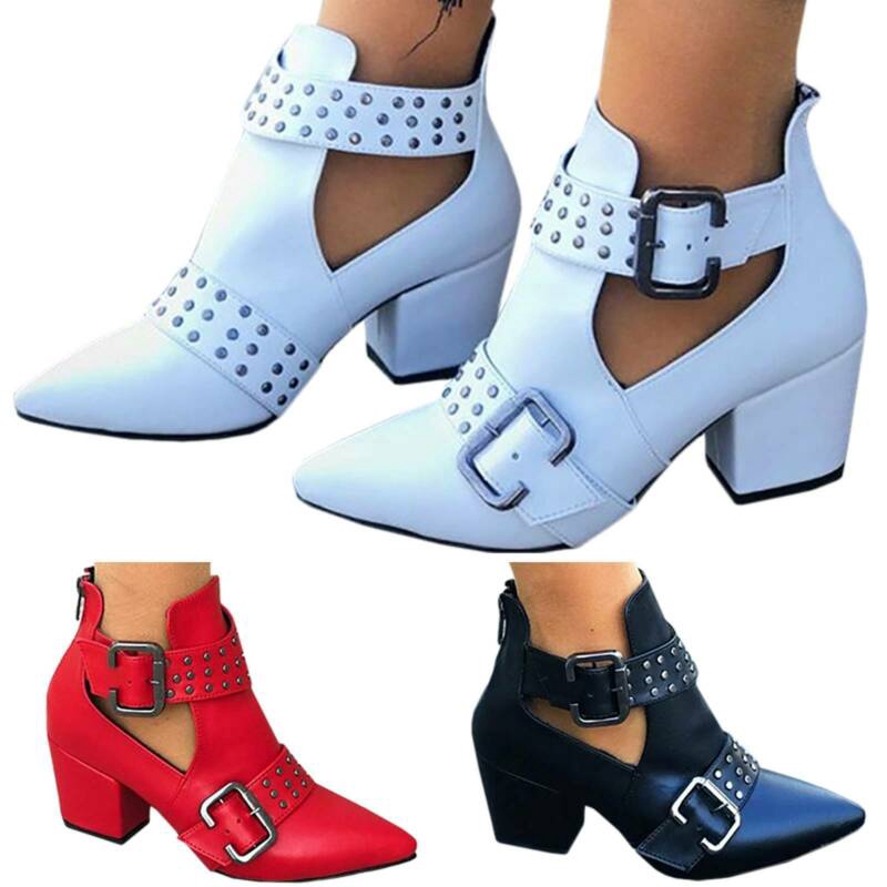 Womens Cut Out Chelsea Ankle Boots Pointed Teo Buckle Block Low Heel Rivet