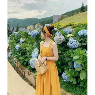 Đầm/váy maxi đi biển hở lưng màu vàng tặng kèm dây băng đô