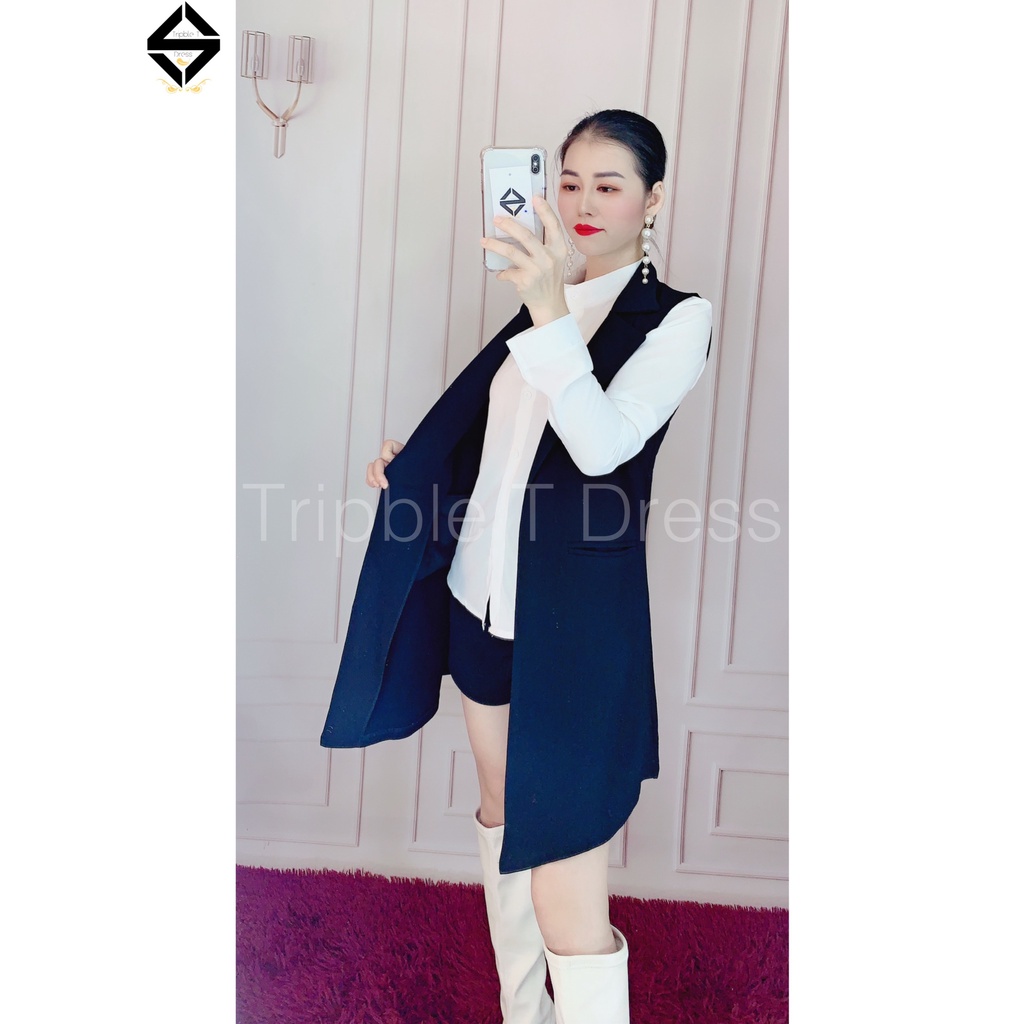Sét vest 3 món áo sơ mi voan tay dài + sort và khoác gile như hình TRIPBLE TDRESS - size M/L/XL