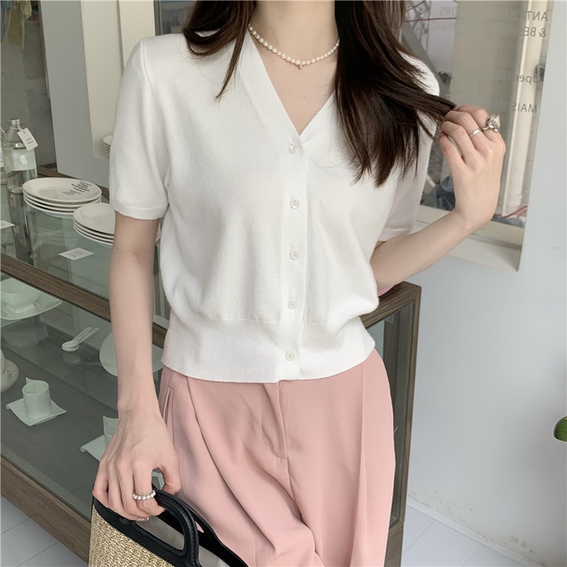 Áo Cardigan Dệt Kim Ngắn Tay Cổ Chữ v Phối Hàng Nút Thời Trang Mùa Hè 51554