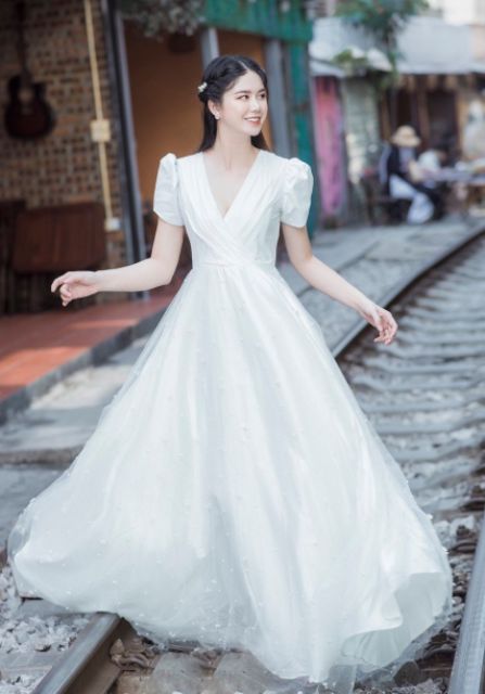 váy cưới, đầm maxi trắng dạ hội  ( Hàng thiết kế cao cấp)