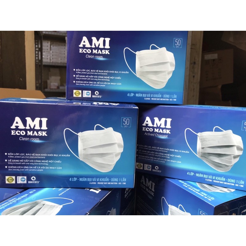 Hộp Khẩu Trang Y Tế AMI 4 Lớp, Có Lớp Than Hoạt Tính (Hộp 50 chiếc)