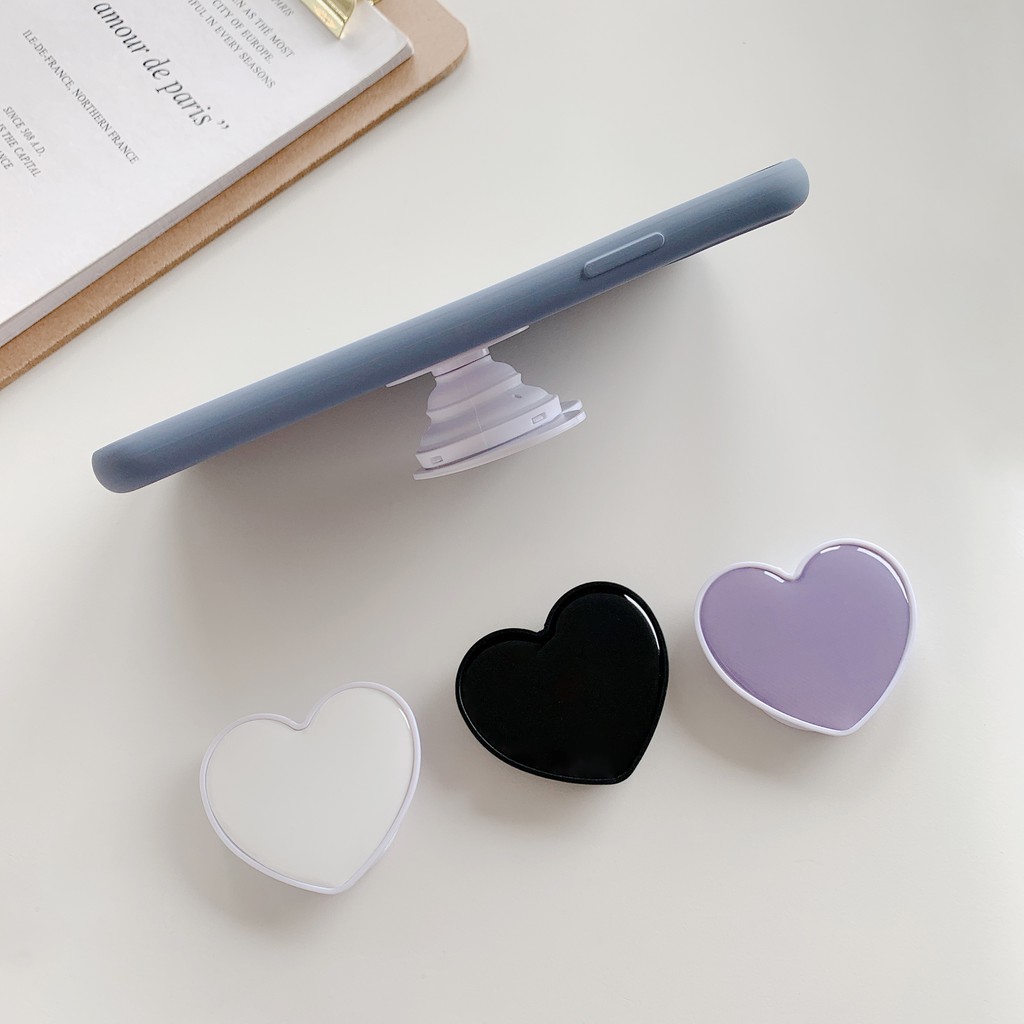 Giá đỡ dán ốp điện thoại pop up posocket in bóng trái tim màu trơn pastel viền trắng dễ thương