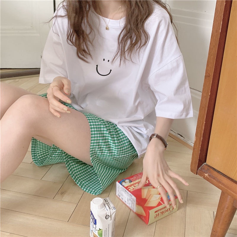 [CÓ SẴN] Set đồ ngủ áo phông trắng quần đùi caro bộ ngủ Hàn Quốc ullzang dễ thương