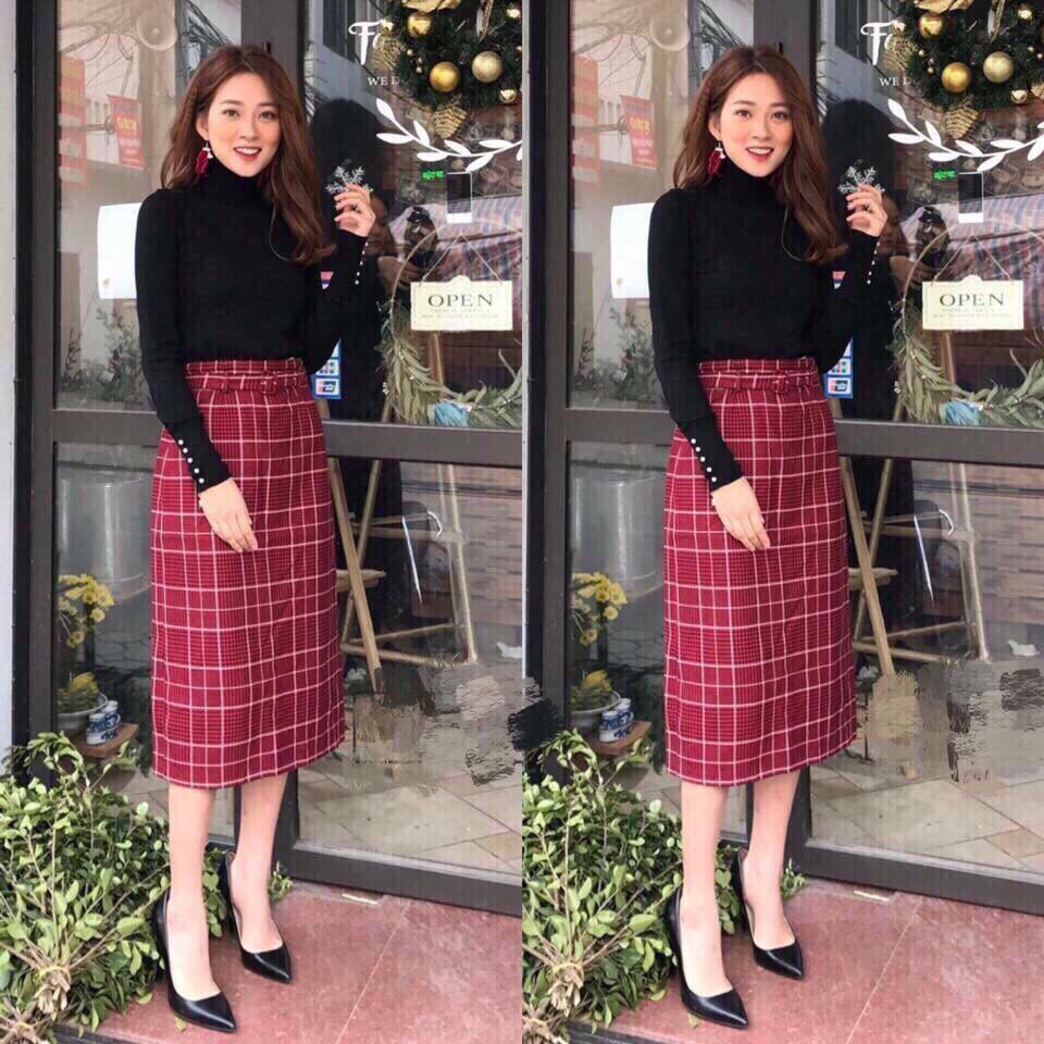 Chân váy dạ kẻ VNXK