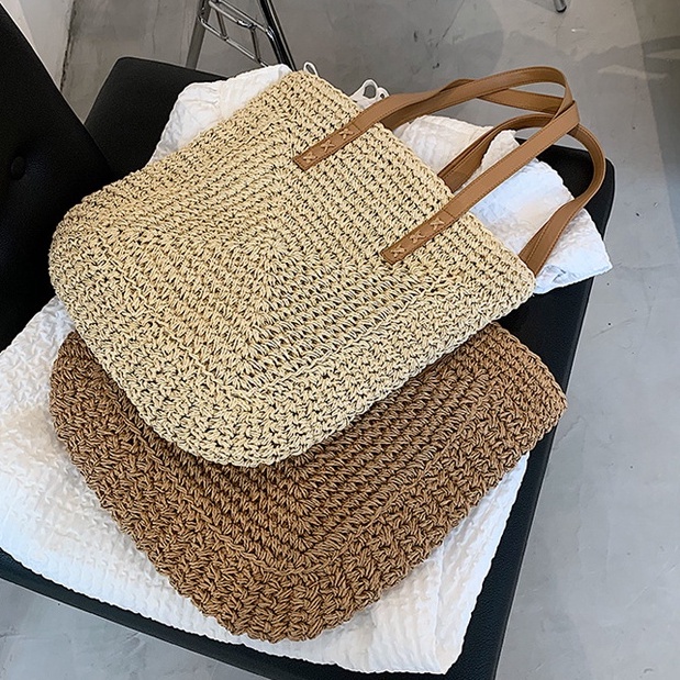 Túi Tote cói cứng hình vuông - hoa văn xoắn ốc - dây da đeo vai (mẫu mới)