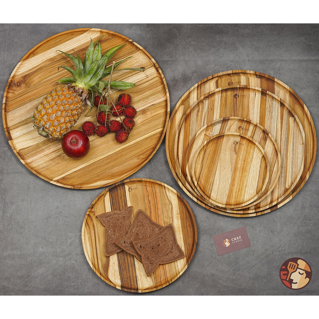 Khay gỗ Teak Chef Studio cao cấp hình tròn nhiều kích cỡ, dày 2 cm dùng decor, trang trí đồ ăn