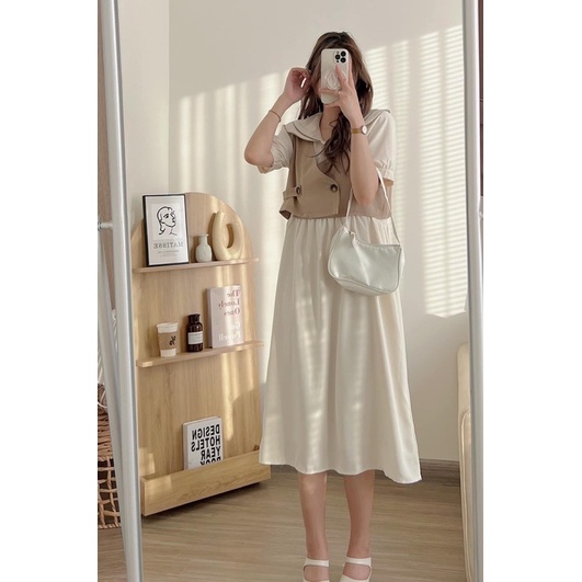 Sét váy babydoll cổ sen kèm áo gile (hình thật/sẵn)