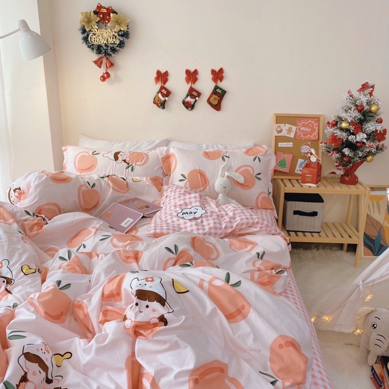 Bộ chăn ga gối Cotton Poly họa tiết quả đào màu hồng cam MÂY BEDDING đủ kích thước nệm