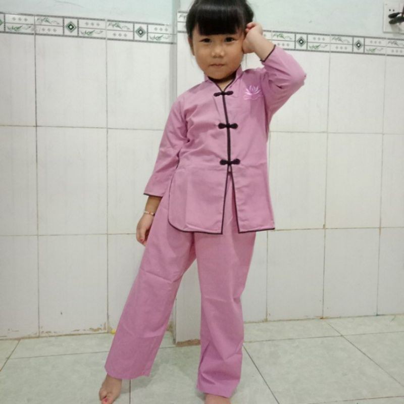 Bộ đồ lam đi chùa trẻ em vải Kate, Quần áo phật tử mẫu TÀU VIỀN bé gái