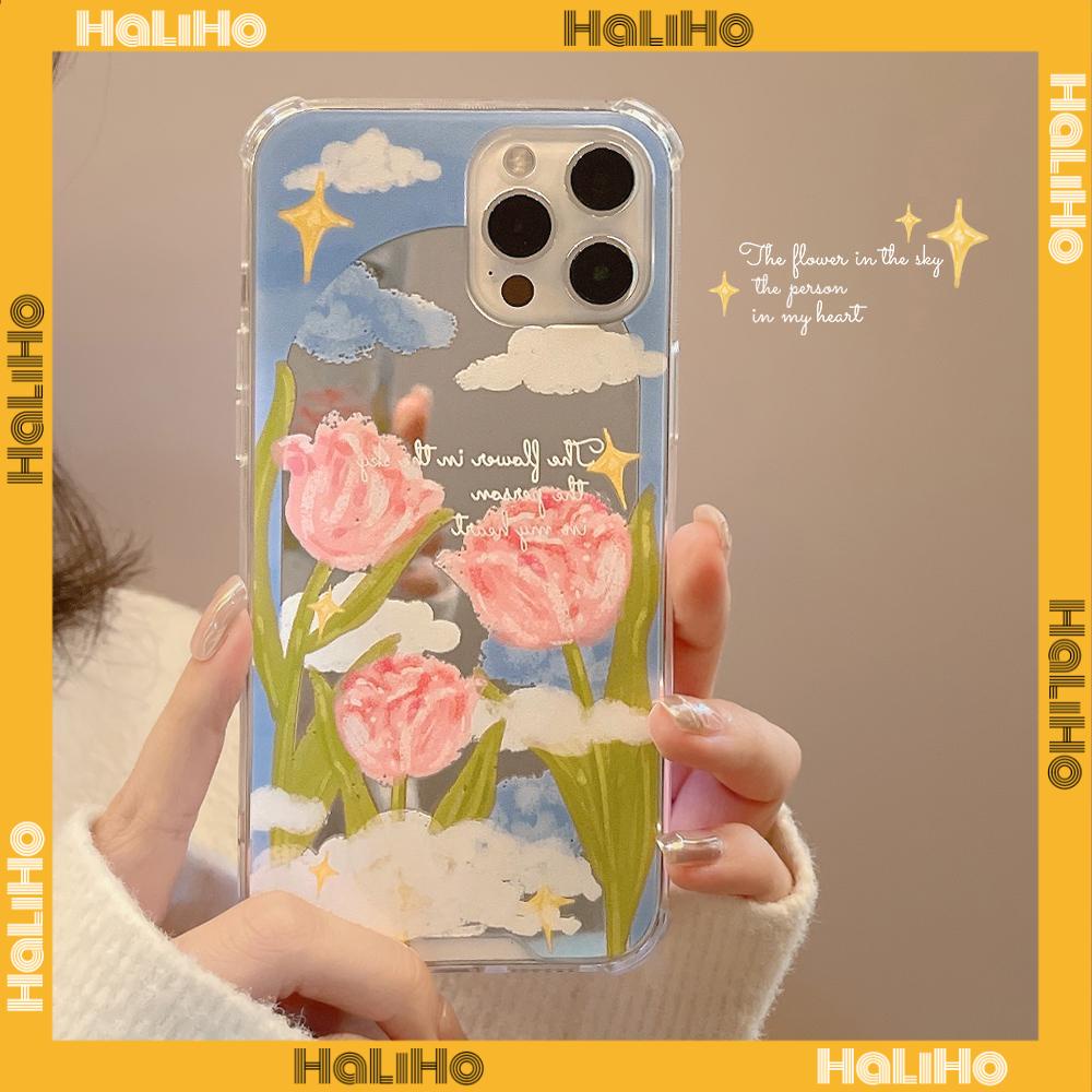 iPhone Case Acrylic HD Mirror Laser Airbag Shockproof Protection Camera Cute Oil Painting Pink Flowers Compatible For iPhone 11 iPhone 13 Pro Max iPhone 12 Pro Max iPhone 7 Plus xr