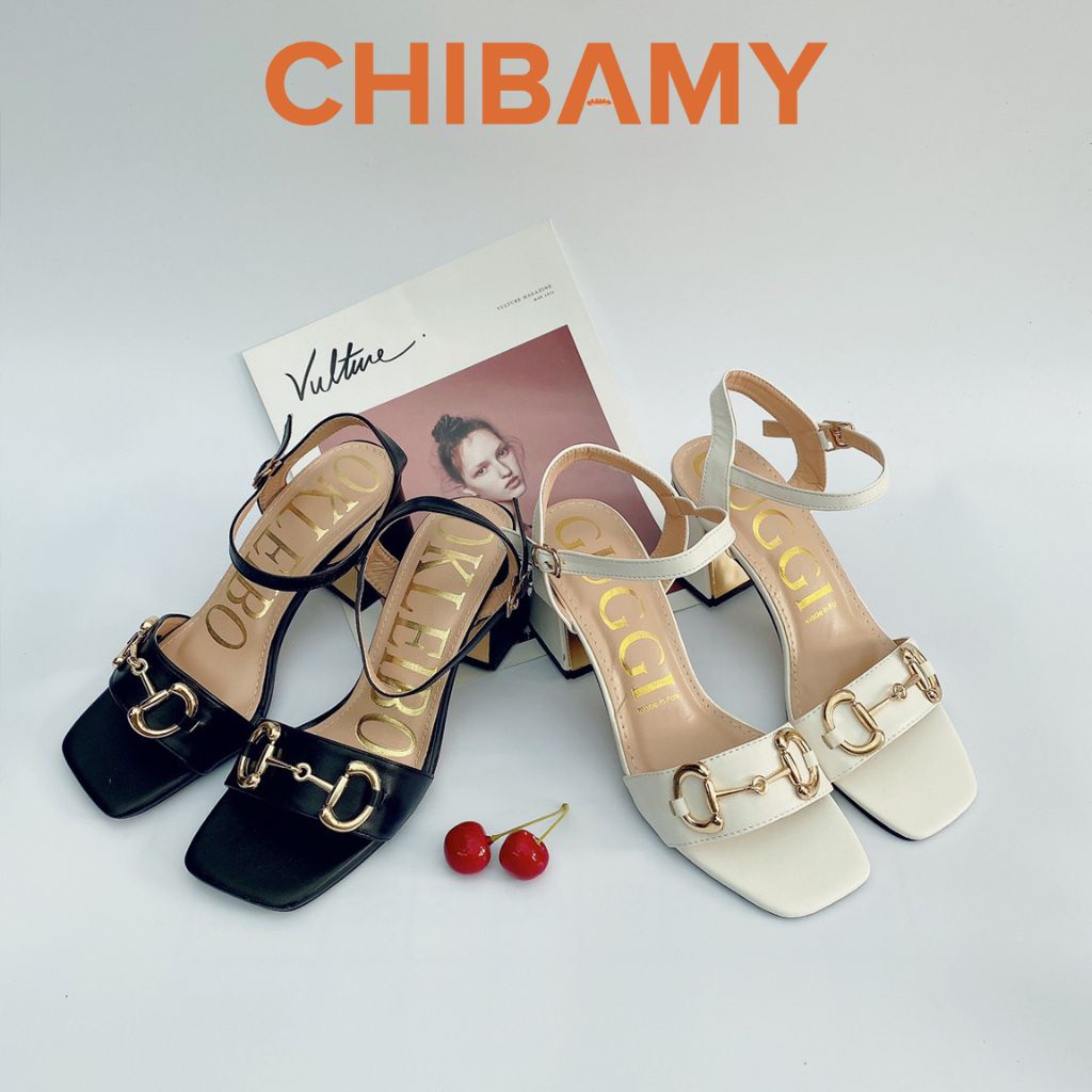 Sandal cao gót nữ GuC chất da mềm CHIBAMY, dép quai hậu nữ gót vuông cao 7cm