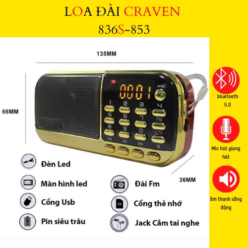 Loa Đài Craven nghe thẻ nhớ, USB, FM, Máy nghe nhạc mini Tắm Ngôn Ngữ Caraven CR 853/836s